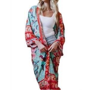 NEW PRETTY SIMPLE tie front boho chic floral kimono in teal
